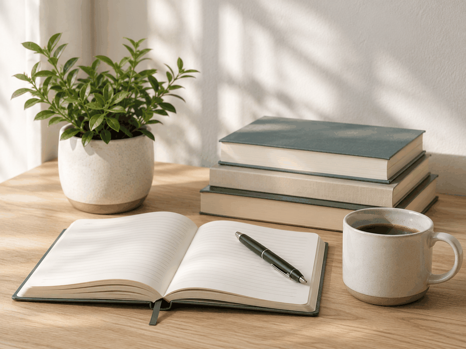 A clean editorial desk with books, notebook, pen, coffee cup, and plant