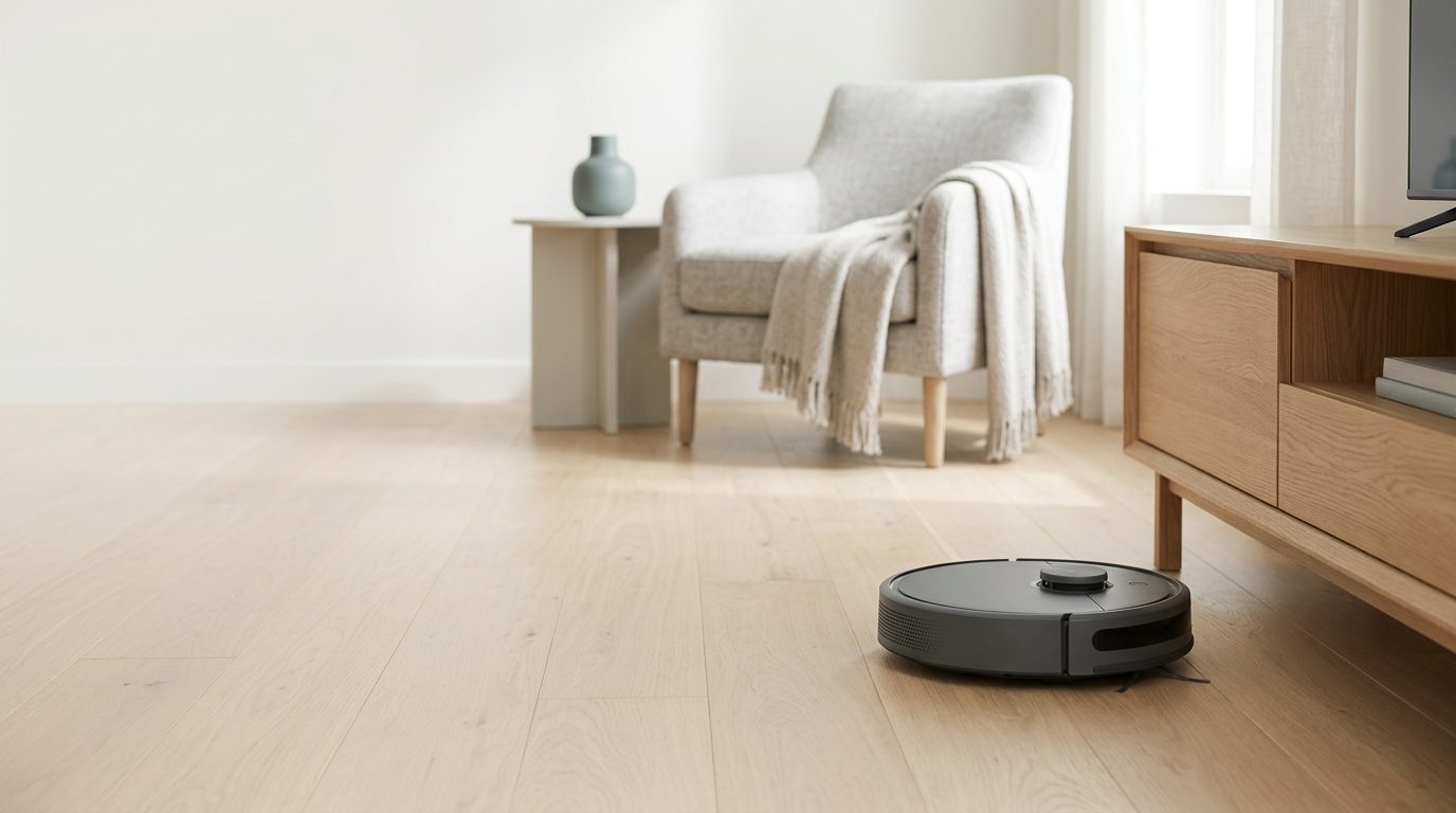 Robot vacuum in a clean modern home for SmartCleanLab guide
