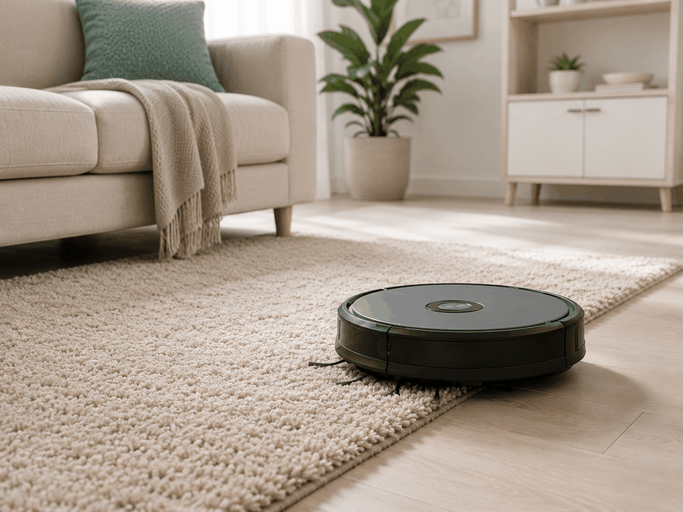 A generic robot vacuum cleaning a soft carpet in a bright home interior