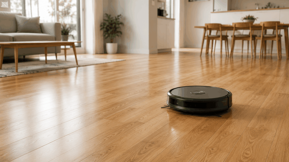 A generic robot vacuum on a clean hardwood floor in a bright modern home
