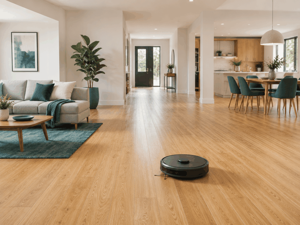 A generic robot vacuum cleaning an open floor in a spacious modern home