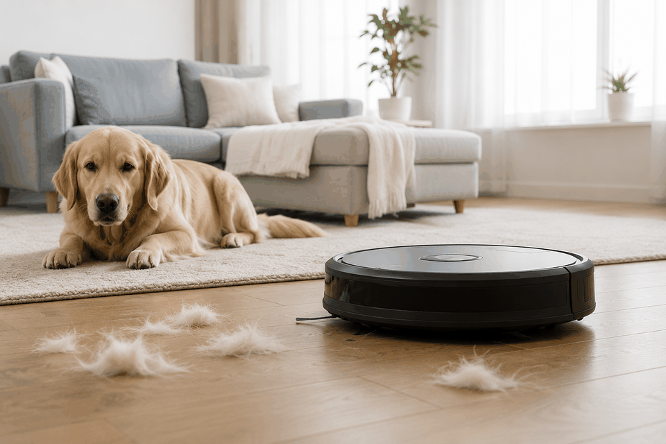 A generic robot vacuum near pet hair on a clean home floor