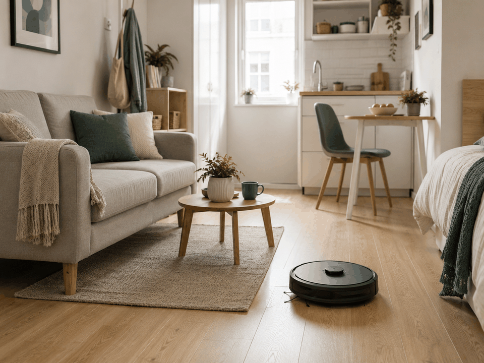 A generic robot vacuum in a compact modern apartment living space