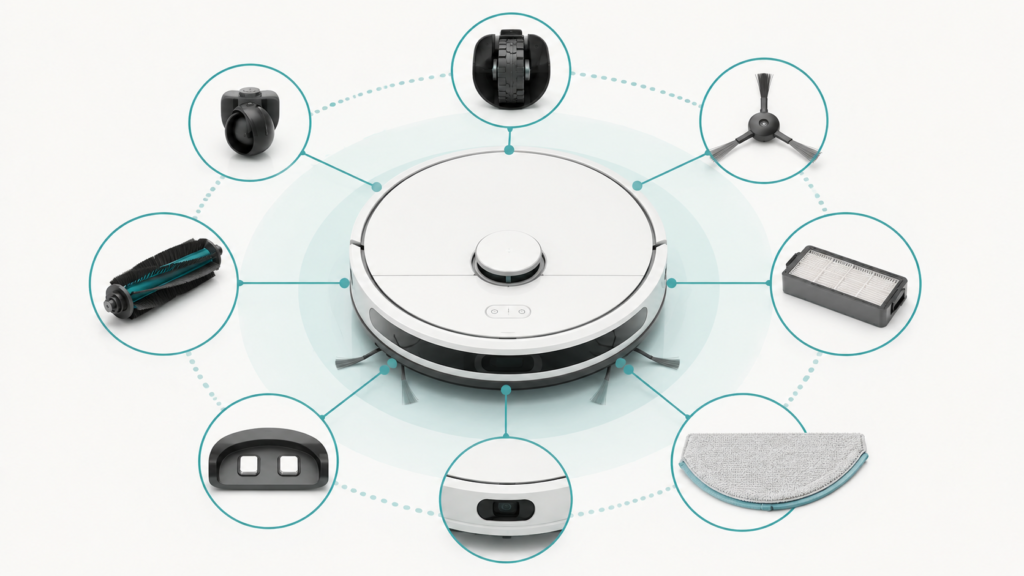 Illustration of a generic robot vacuum with common replacement parts and maintenance inspection points