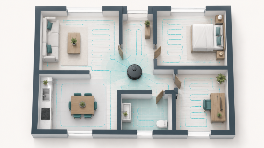 Illustration of a generic robot vacuum creating a simple home map