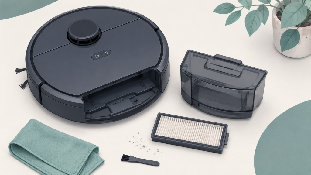 Illustration of a generic robot vacuum with its dustbin and filter removed for cleaning
