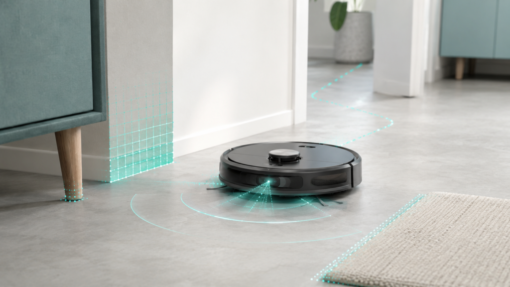 Illustration of a generic robot vacuum showing suction as part of a cleaning system
