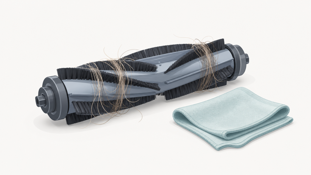Illustration showing how to clean robot vacuum brushes