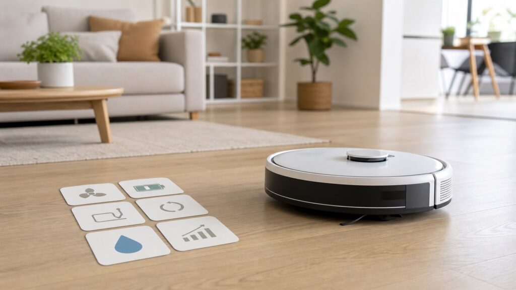 A generic robot vacuum on a clean home floor representing a beginner robot vacuum buying guide