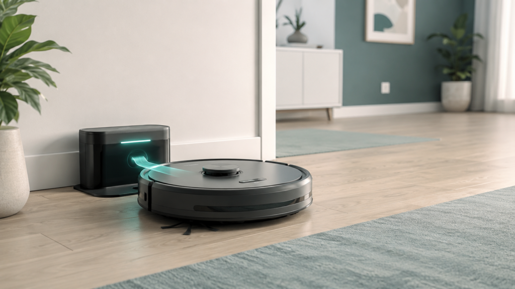 Robot vacuum approaching charging dock in modern living room.