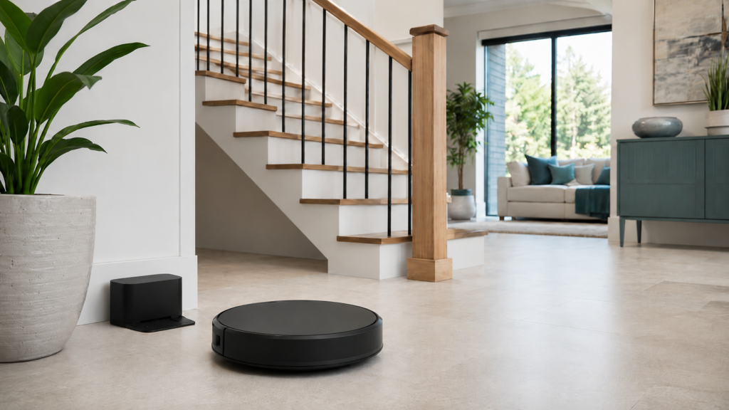 Robot vacuum cleaning hardwood floor near staircase in bright living room.