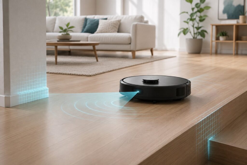 Illustration of a generic robot vacuum using sensors in a clean home environment