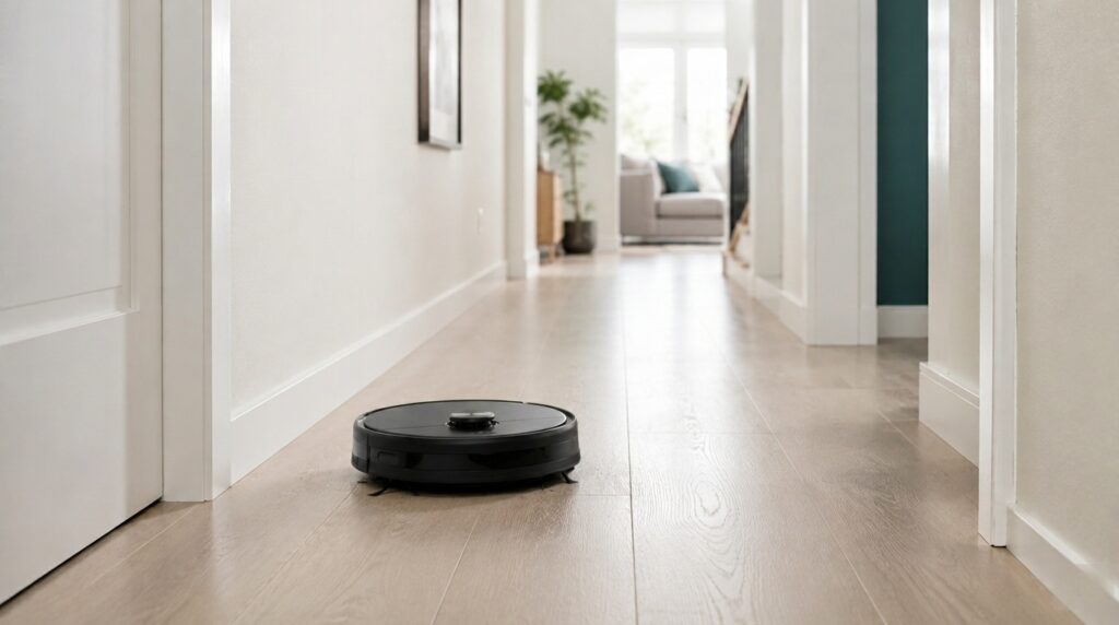 Robot vacuum cleaner navigating a hallway in a modern home.