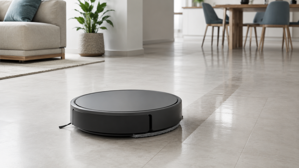 Robot vacuum cleaner cleaning a modern living room floor.