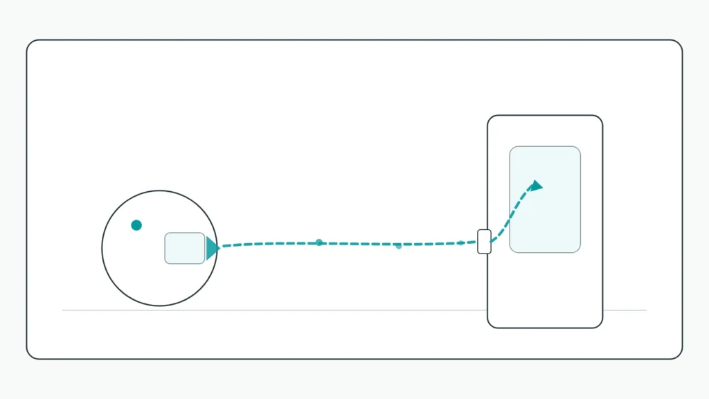 Simplified diagram showing debris moving from a robot vacuum into an auto-empty dock bag or container