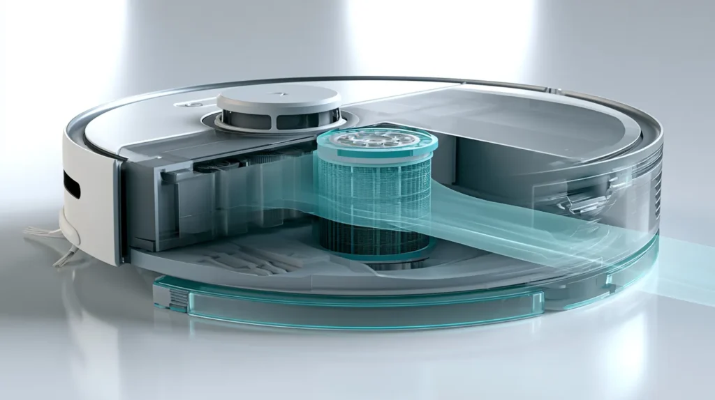 Robot vacuum with filter compartment and cleaning brush inside.