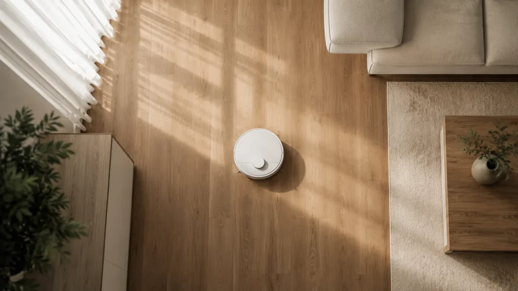 Top-down view of a robot vacuum cleaning a living room floor, the everyday setting where robot vacuum no-go zones are commonly used