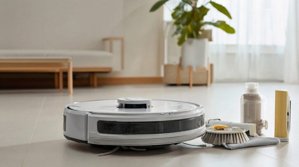 Robot vacuum cleaning floor in a bright, modern living room.