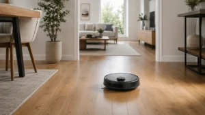 Robot vacuum cleaning a hardwood floor in an open multi-room home layout