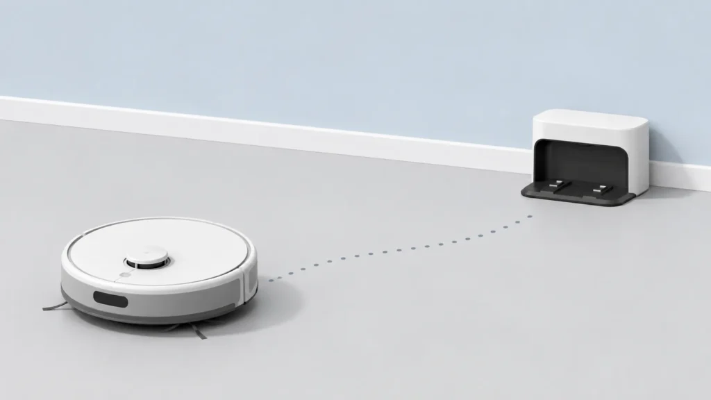 Robot vacuum not returning to dock, shown near its charging dock with a dotted path leading to it.