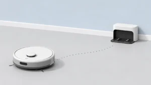Robot vacuum not returning to dock, shown near its charging dock with a dotted path leading to it.