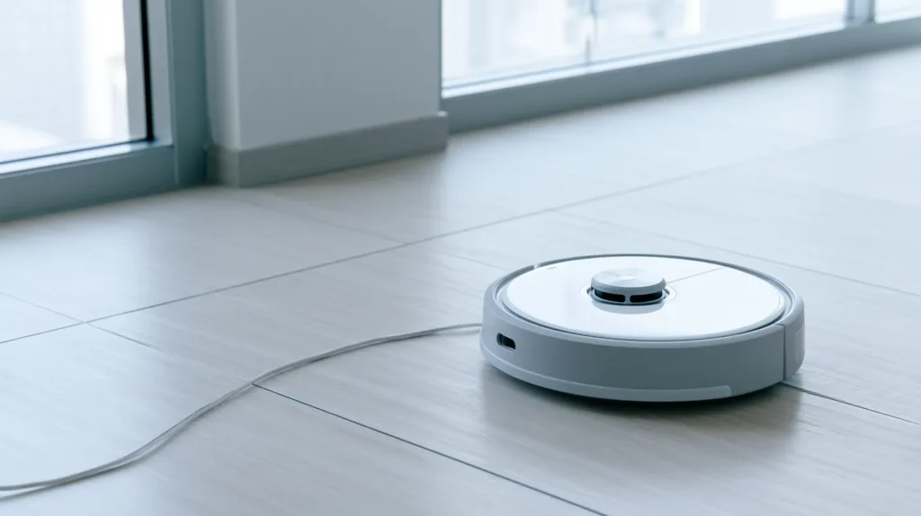 Robot vacuum cleaner navigating on a smooth floor near a window.