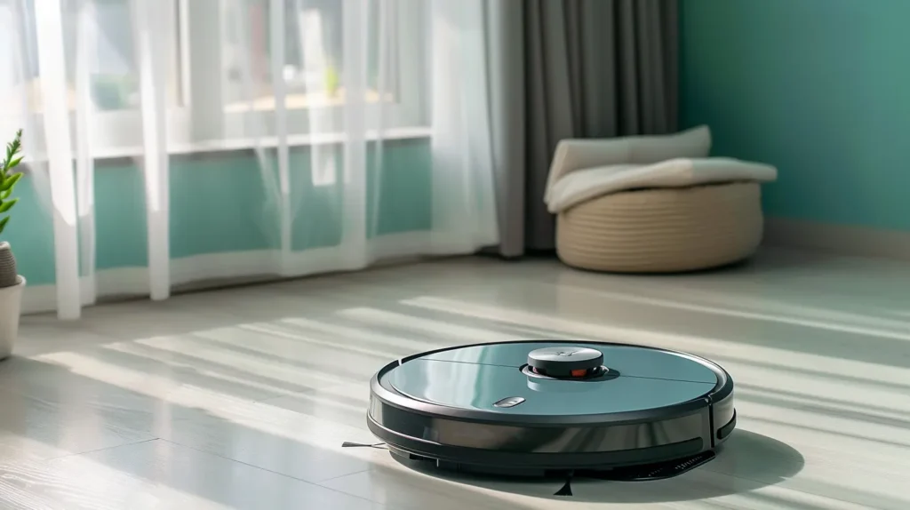 Robot vacuum cleaner cleaning a bright living room floor.