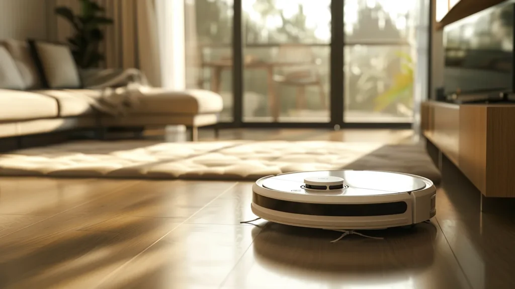 Generic robot vacuum on a home floor, showing when to replace a robot vacuum due to wear or age