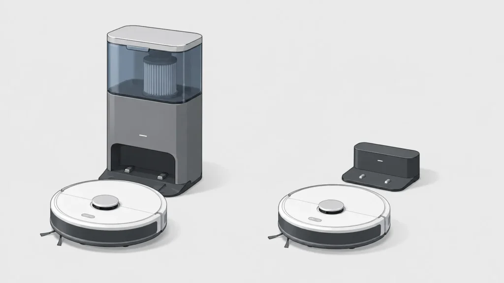 Self-emptying vs manual robot vacuum docks shown side by side, illustrating the difference in dock size and design