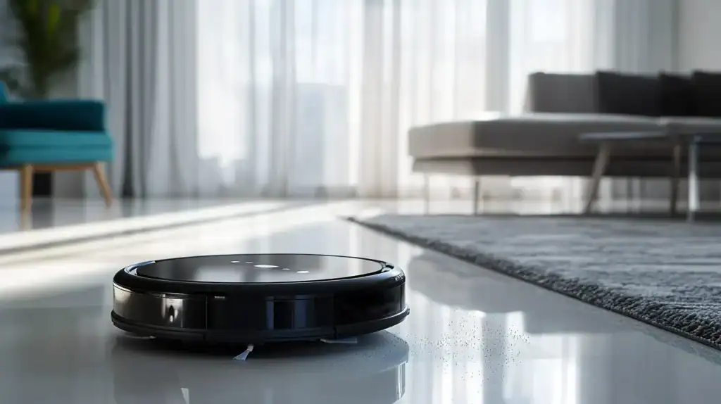 Robot vacuum cleaning hardwood floor in modern living room.