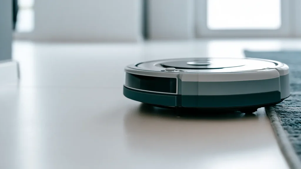 Robot vacuum cleaner on a smooth floor near a window.