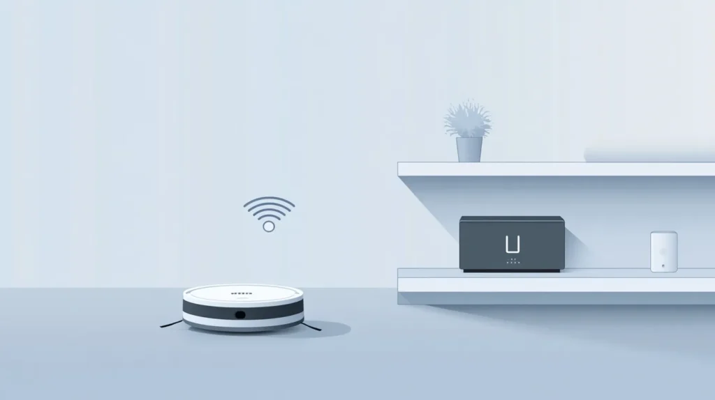 Robot vacuum not connecting to Wi-Fi, shown as a fading wireless signal between the robot and a router