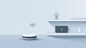 Robot vacuum not connecting to Wi-Fi, shown as a fading wireless signal between the robot and a router