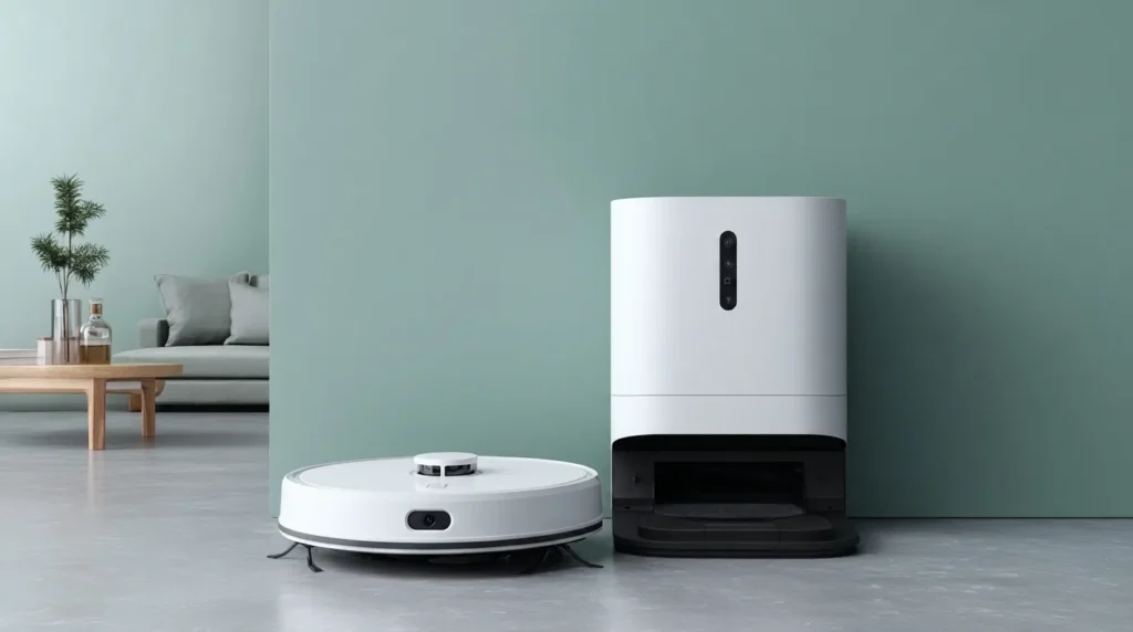 Robot vacuum and dust bag station in modern living room setting.