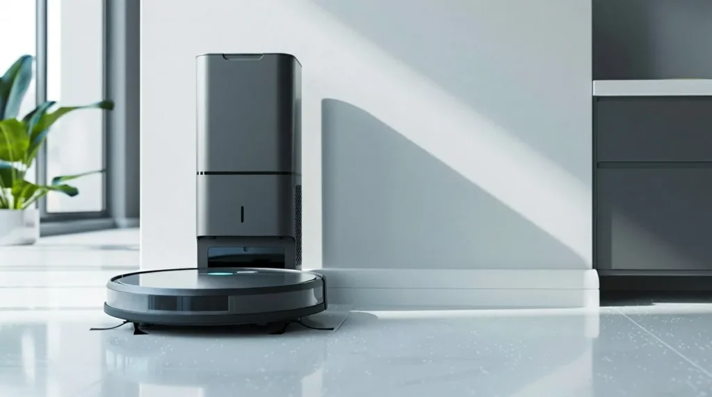 SmartCleanLab robot vacuum dock in modern home setting.